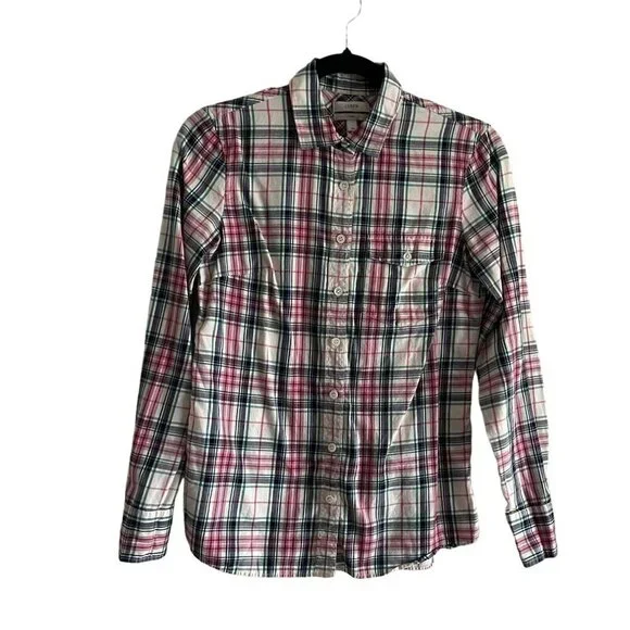 J.Crew Women 00 Mint Strawberry Plaid Cotton Preppy Button Front Boy Shirt - Picture 2 of 11